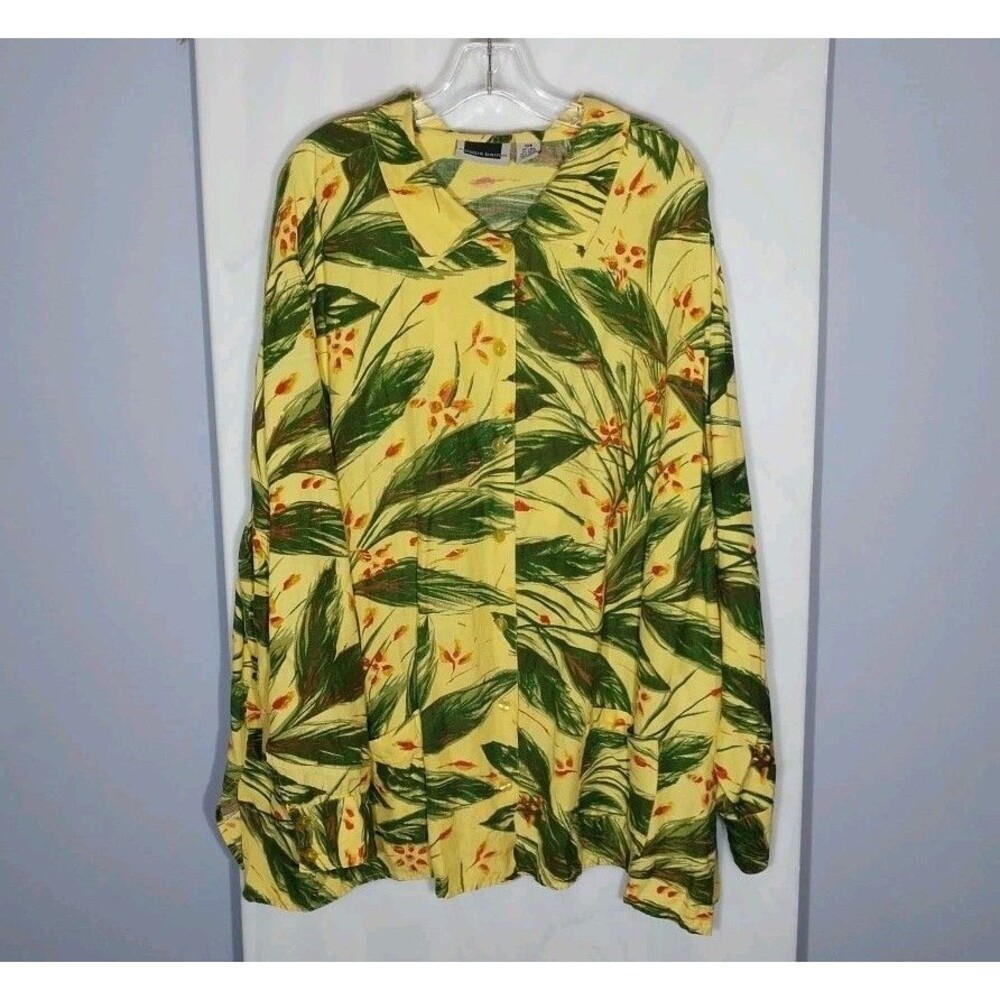 Maggie Barnes Linen Blend Tropical Button Front Tunic Top Plus 30W Pockets